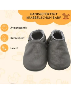 Baby Krabbelschuhe aus Leder mit rutschfester Sohle – Grau