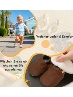 Baby Krabbelschuhe aus Leder mit rutschfester Sohle – Braun