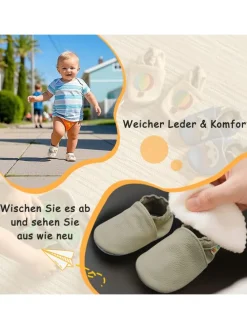 Baby Krabbelschuhe aus Leder mit rutschfester Sohle – Elfenbein