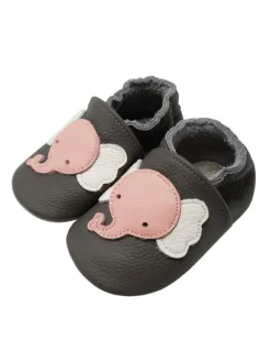 Baby Krabbelschuhe aus Leder mit rutschfester Sohle – Grau mit Elefantenmuster