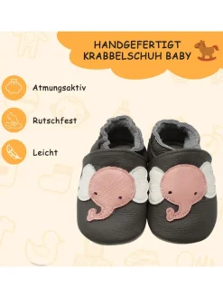 Baby Krabbelschuhe aus Leder mit rutschfester Sohle – Grau mit Elefantenmuster