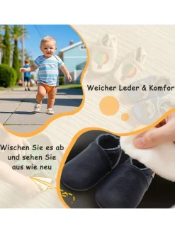 Baby Krabbelschuhe aus Leder mit rutschfester Sohle – Marineblau