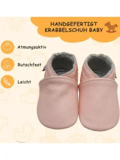Baby Krabbelschuhe aus Leder mit rutschfester Sohle – in Rosa