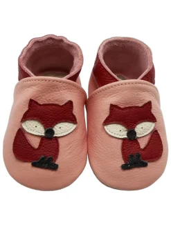 Baby Krabbelschuhe aus Leder mit rutschfester Sohle – Rosa mit Fuchs-Muster