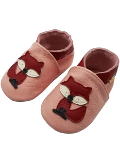 Baby Krabbelschuhe aus Leder mit rutschfester Sohle – Rosa mit Fuchs-Muster