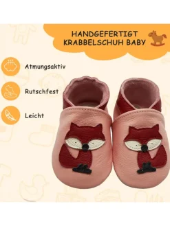 Baby Krabbelschuhe aus Leder mit rutschfester Sohle – Rosa mit Fuchs-Muster