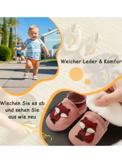 Baby Krabbelschuhe aus Leder mit rutschfester Sohle – Rosa mit Fuchs-Muster