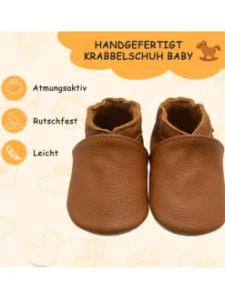 Baby Krabbelschuhe aus Leder mit rutschfester Sohle – Braun