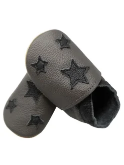 Baby Leder Krabbelschuhe, Grau, mit rutschfester harter Sohle - Sternenmuster