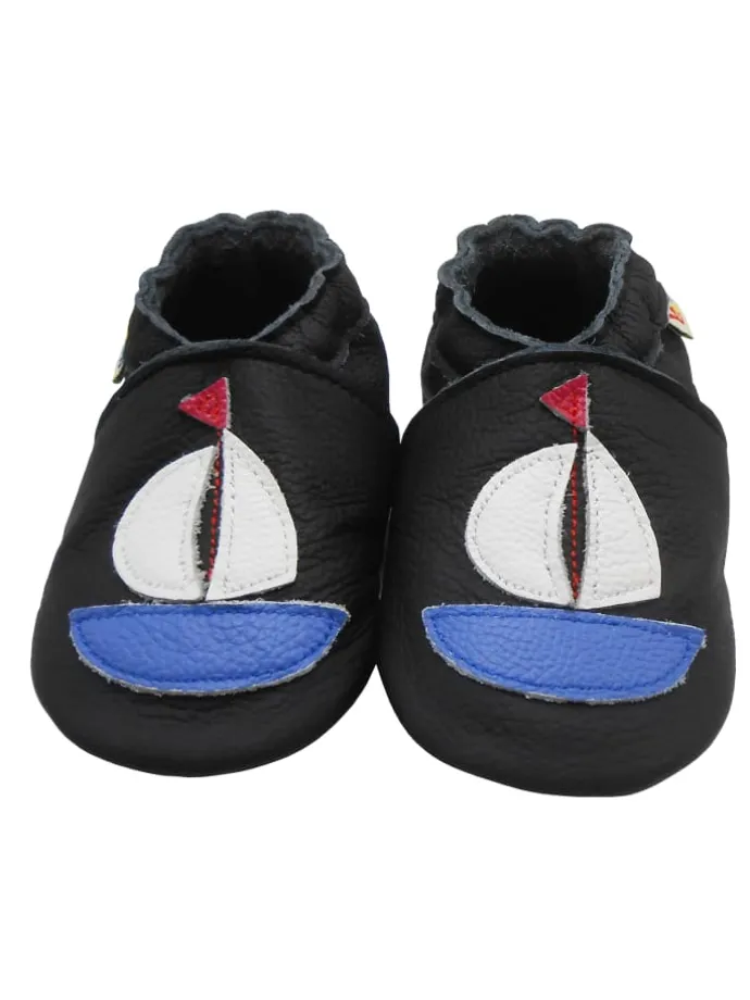 Baby Leder Krabbelschuhe,mit rutschfester harter Sohle-Segelboot - Muster