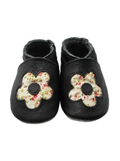 Baby Leder Krabbelschuhe,Schwarz,mit rutschfester und weicher Sohle-Blumenmuster