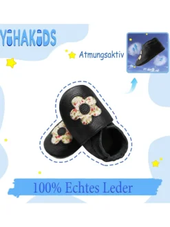 Baby Leder Krabbelschuhe,Schwarz,mit rutschfester und weicher Sohle-Blumenmuster