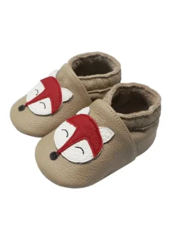 Baby-Lederlaufschuhe mit rutschfester Sohle – khaki mit Fuchsmotiv