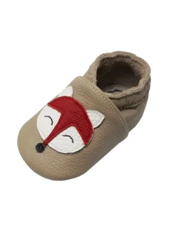 Baby-Lederlaufschuhe mit rutschfester Sohle – khaki mit Fuchsmotiv