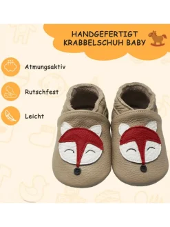 Baby-Lederlaufschuhe mit rutschfester Sohle – khaki mit Fuchsmotiv