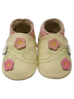 Baby-Lederlaufschuhe mit rutschfester Sohle – Cremefarben mit Blumenmuster