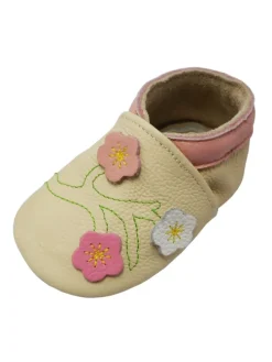 Baby-Lederlaufschuhe mit rutschfester Sohle – Cremefarben mit Blumenmuster