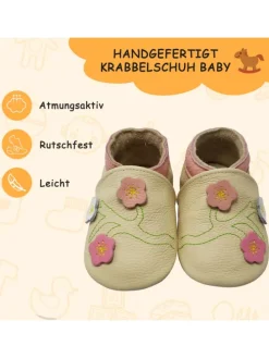Baby-Lederlaufschuhe mit rutschfester Sohle – Cremefarben mit Blumenmuster