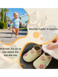 Baby-Lederlaufschuhe mit rutschfester Sohle – Cremefarben mit Blumenmuster