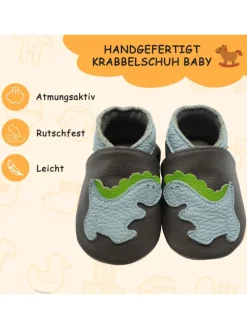 Baby-Lederlaufschuhe mit rutschfester Sohle – Grau mit Dinosauriermuster