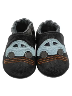 Baby-Lederlaufschuhe mit rutschfester Sohle – schwarz mit Auto-Motiv