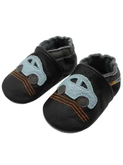Baby-Lederlaufschuhe mit rutschfester Sohle – schwarz mit Auto-Motiv