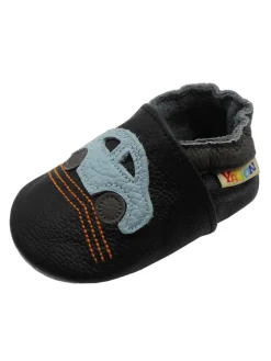 Baby-Lederlaufschuhe mit rutschfester Sohle – schwarz mit Auto-Motiv