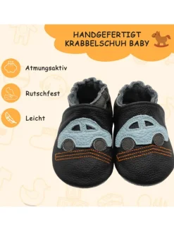 Baby-Lederlaufschuhe mit rutschfester Sohle – schwarz mit Auto-Motiv