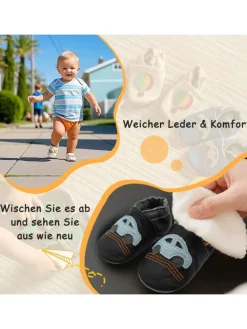 Baby-Lederlaufschuhe mit rutschfester Sohle – schwarz mit Auto-Motiv