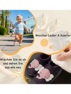 Baby-Lederlaufschuhe mit rutschfester Sohle – lila mit Elefantenmuster