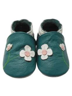 Baby-Lederlaufschuhe mit rutschfester Sohle – dunkelgrün mit Blumenmuster