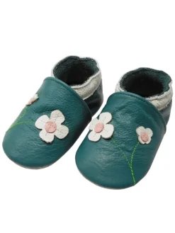 Baby-Lederlaufschuhe mit rutschfester Sohle – dunkelgrün mit Blumenmuster