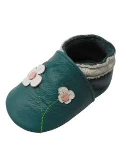 Baby-Lederlaufschuhe mit rutschfester Sohle – dunkelgrün mit Blumenmuster