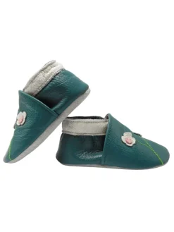 Baby-Lederlaufschuhe mit rutschfester Sohle – dunkelgrün mit Blumenmuster
