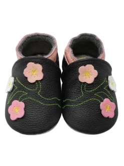 Baby-Lederlaufschuhe mit rutschfester Sohle – schwarz mit Blumenmuster