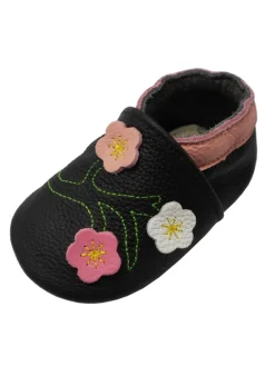 Baby-Lederlaufschuhe mit rutschfester Sohle – schwarz mit Blumenmuster