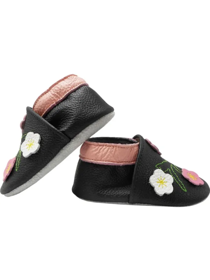 Baby-Lederlaufschuhe mit rutschfester Sohle – schwarz mit Blumenmuster