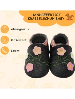 Baby-Lederlaufschuhe mit rutschfester Sohle – schwarz mit Blumenmuster