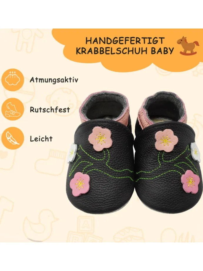 Baby-Lederlaufschuhe mit rutschfester Sohle – schwarz mit Blumenmuster