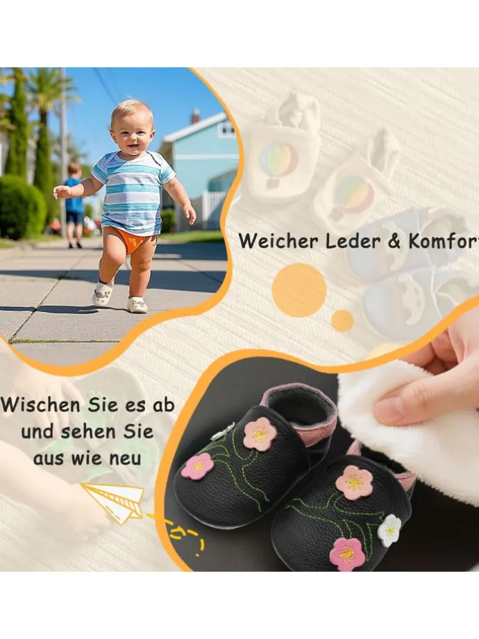 Baby-Lederlaufschuhe mit rutschfester Sohle – schwarz mit Blumenmuster