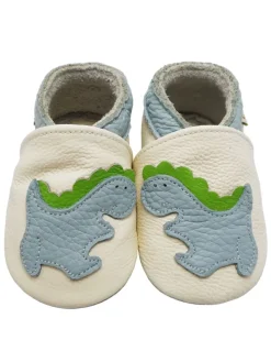 Baby-Lederlaufschuhe mit rutschfester Sohle – Cremefarben mit Dinosauriermuster