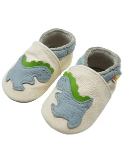 Baby-Lederlaufschuhe mit rutschfester Sohle – Cremefarben mit Dinosauriermuster