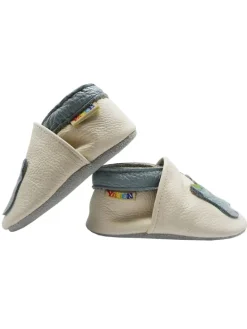 Baby-Lederlaufschuhe mit rutschfester Sohle – Cremefarben mit Dinosauriermuster