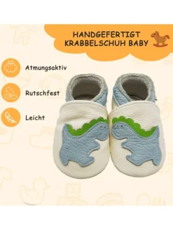 Baby-Lederlaufschuhe mit rutschfester Sohle – Cremefarben mit Dinosauriermuster