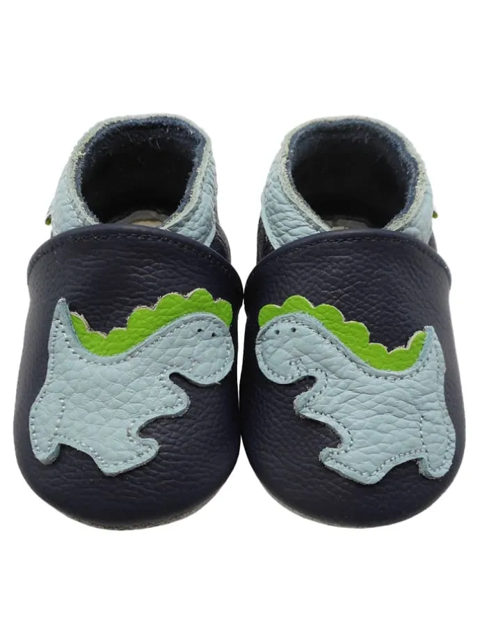 Baby-Lederlaufschuhe mit rutschfester Sohle – marineblau mit Dinosauriermuster