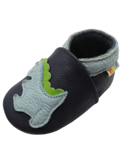 Baby-Lederlaufschuhe mit rutschfester Sohle – marineblau mit Dinosauriermuster