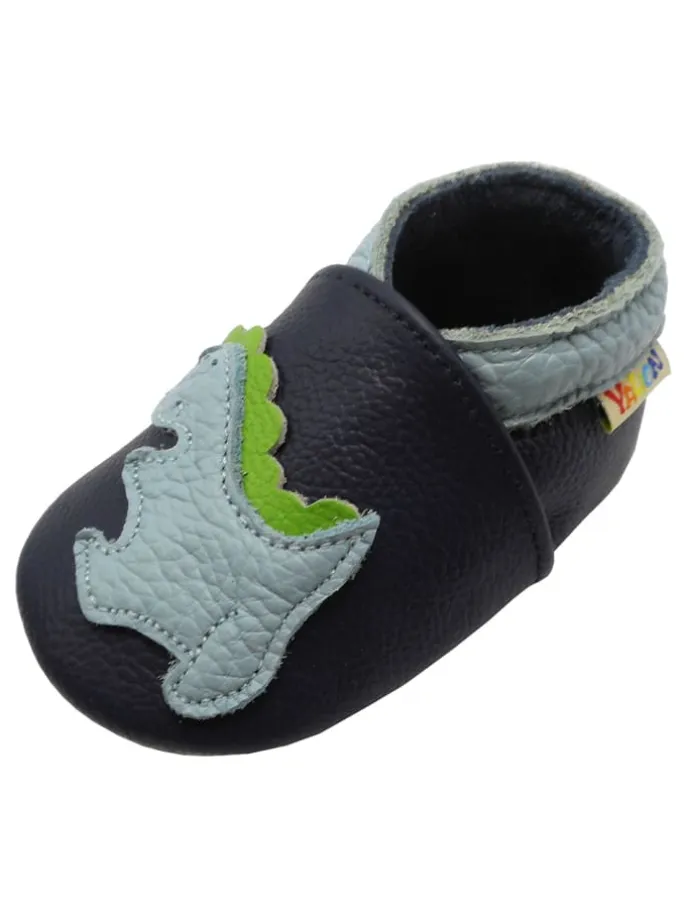 Baby-Lederlaufschuhe mit rutschfester Sohle – marineblau mit Dinosauriermuster