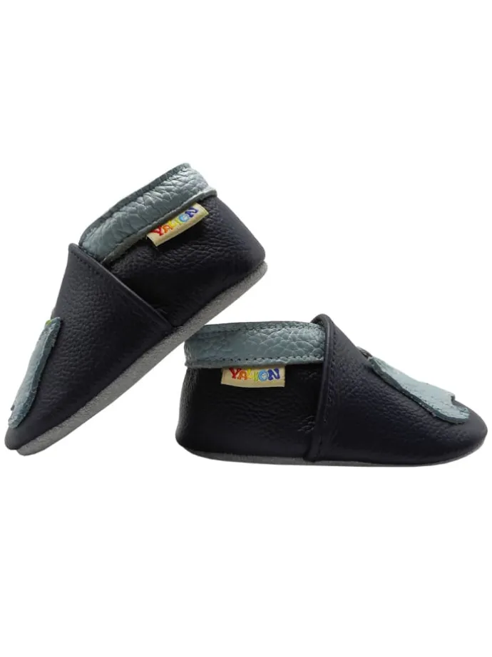 Baby-Lederlaufschuhe mit rutschfester Sohle – marineblau mit Dinosauriermuster