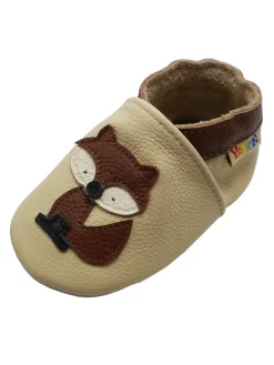 Baby-Lederlaufschuhe mit rutschfester Sohle – Cremefarben mit Fuchsmotiv