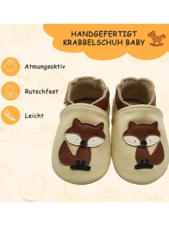 Baby-Lederlaufschuhe mit rutschfester Sohle – Cremefarben mit Fuchsmotiv